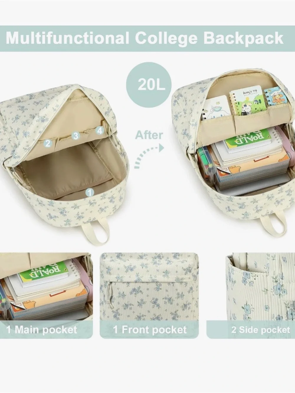 Floral Corduroy Backpack — Cream with Light Blue Flowers